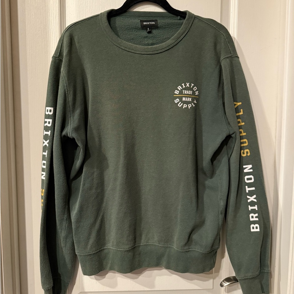 Brixton Men's Olive Crewneck Sweater with Yellow Accents